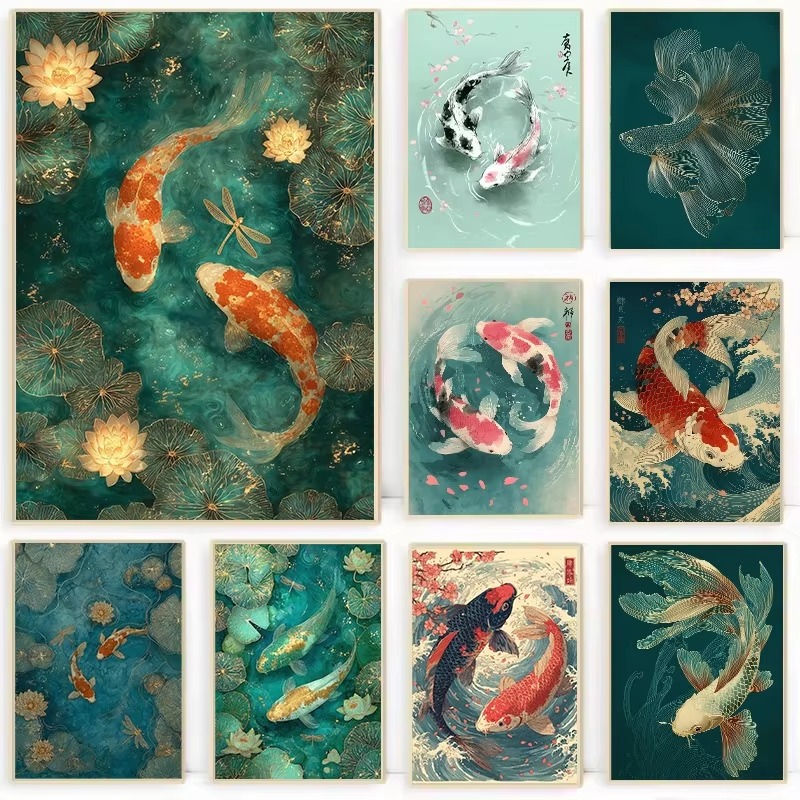 Aquarium Fish Koi - DIY 数字で描くコイの池 エメラルド色の日本の水彩画 大人向け 初心者向け キャンバス