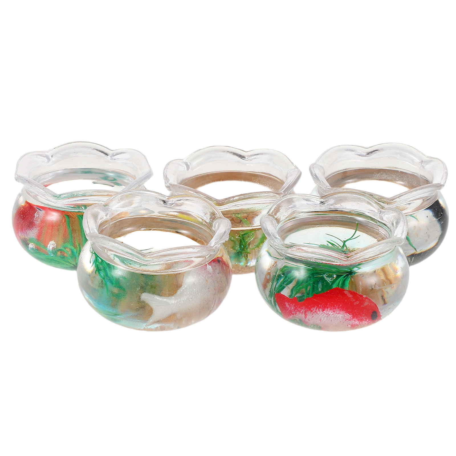 Aquarium Fish Goldfish - 5個入り ミニ魚鉢 小さな丸型金魚水槽 模擬水草 リアルなミニ水槽 ガーデンシーンの装飾