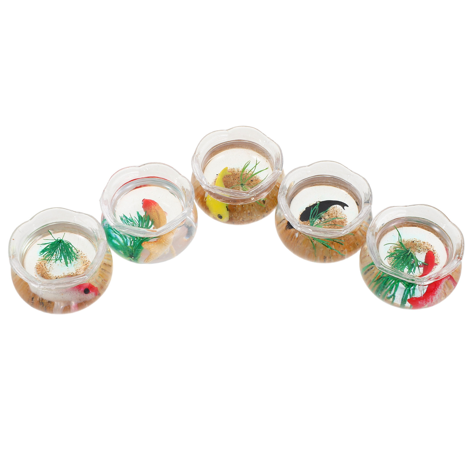 Aquarium Fish Koi - 5個入り ミニチュア魚鉢、リアルな鯉の水槽、小さな丸型、人工植物、ドールハウス用ミニチュア水槽、ミニチュア動物フィギュア